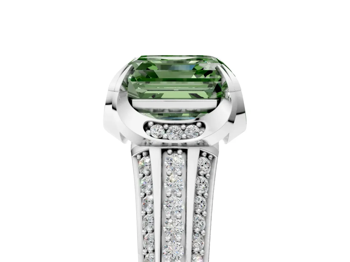 Fancy Green Asscher Cut Solitaire Pave Split Shank Ring with Four-Prong Setting Platinum
