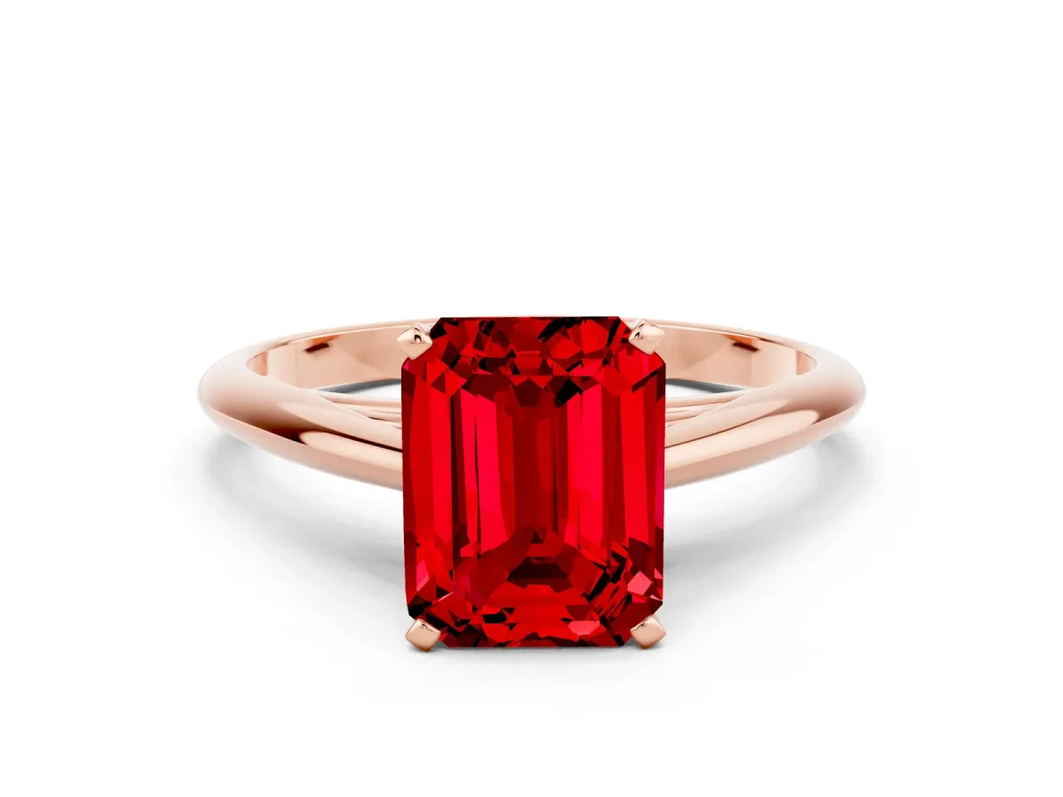 Emerald Cut Ruby Solitaire Engagement Ring with Cathedral Setting and Four-Prong Mount Rose gold