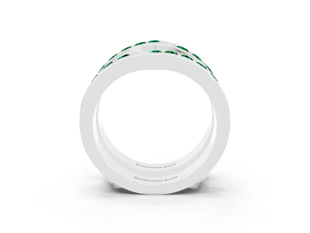 Round Emerald Channel-Set Chevron Band Silver