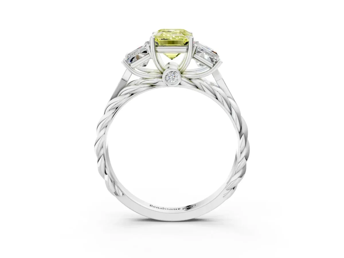 Fancy Yellow Three-Stone Emerald Cut Diamond Braided Band Ring with Four-Prong Setting Platinum