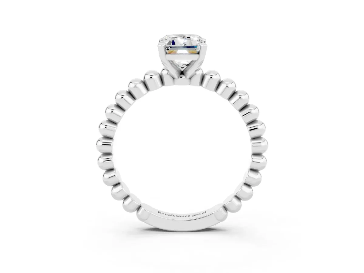 Emerald Cut Moissanite Solitaire Ring with Beaded Band and Prong Setting Platinum