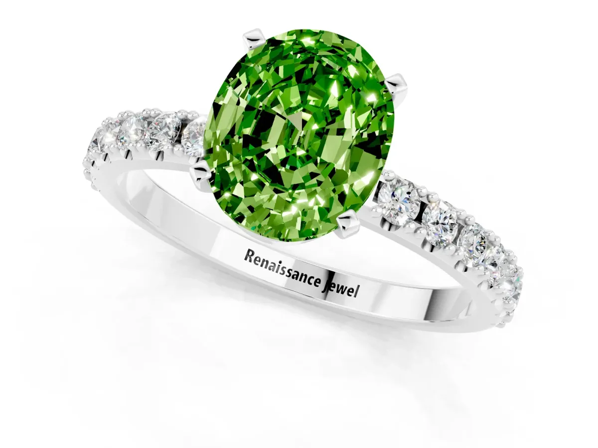 Oval Cut Peridot Solitaire Pavé Band with Four-Prong Setting Platinum