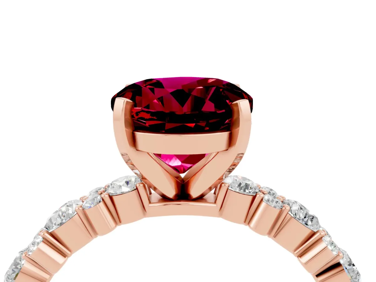 Round Cut Garnet Side Stone Solitaire Ring with Round and Four-Prong Setting Rose gold