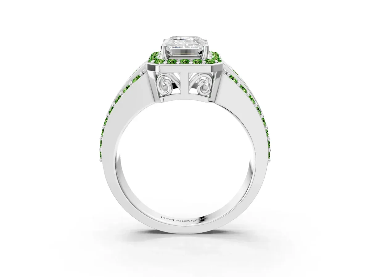 Emerald Cut Halo Diamond Ring with Round Peridot Split Shank and Prong Setting Platinum