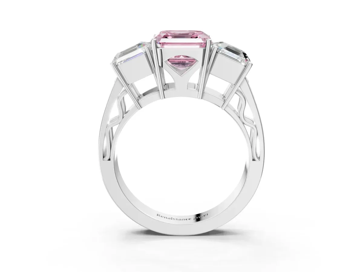 Fancy Pink Asscher Cut Diamond Three-Stone Ring with Prong Setting and Textured Band Platinum