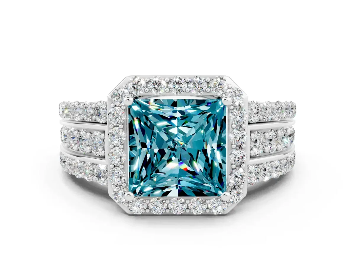 Princess Cut Halo Blue Topaz Ring with Round Split Shank and Prong Setting Silver