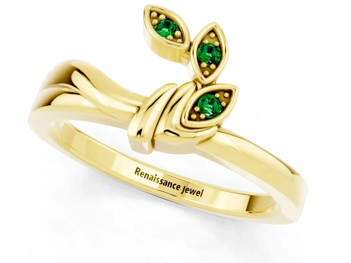 Three-Stone Round Emerald Leaf Bypass Ring with Bezel Setting Yellow gold