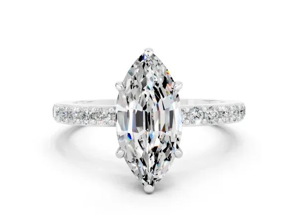 Marquise Cut Moissanite Solitaire Engagement Ring with Pavé Band and Four-Prong Setting Platinum