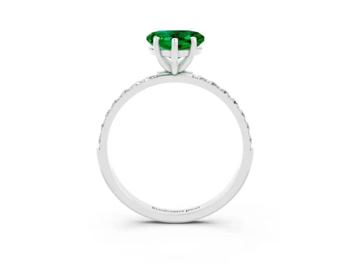 Heart Cut Emerald Solitaire Ring with Round Pavé Band and Prong Setting Platinum