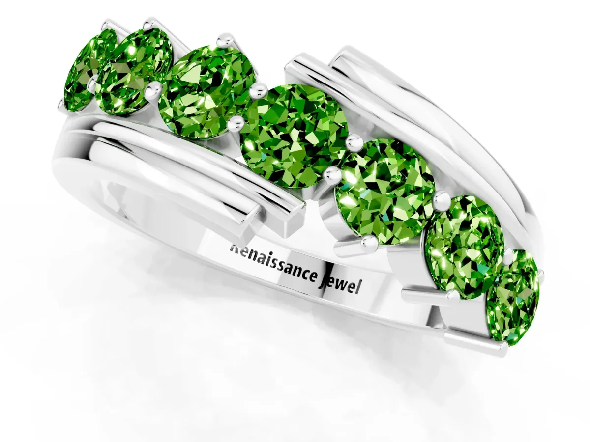 Round Peridot Wave Band with Channel and Shared Prong Setting Platinum