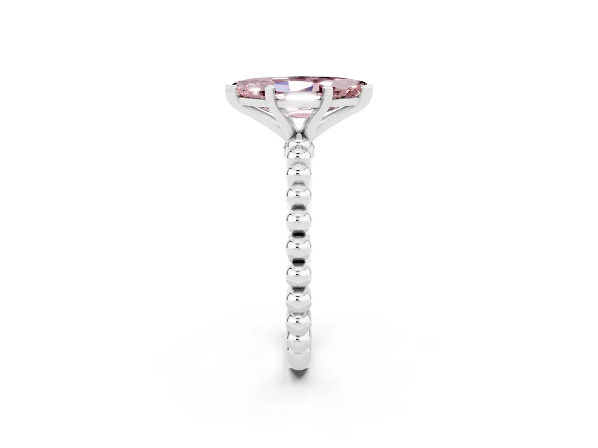 Marquise Cut Morganite Solitaire Ring with Beaded Band and Prong Setting Platinum