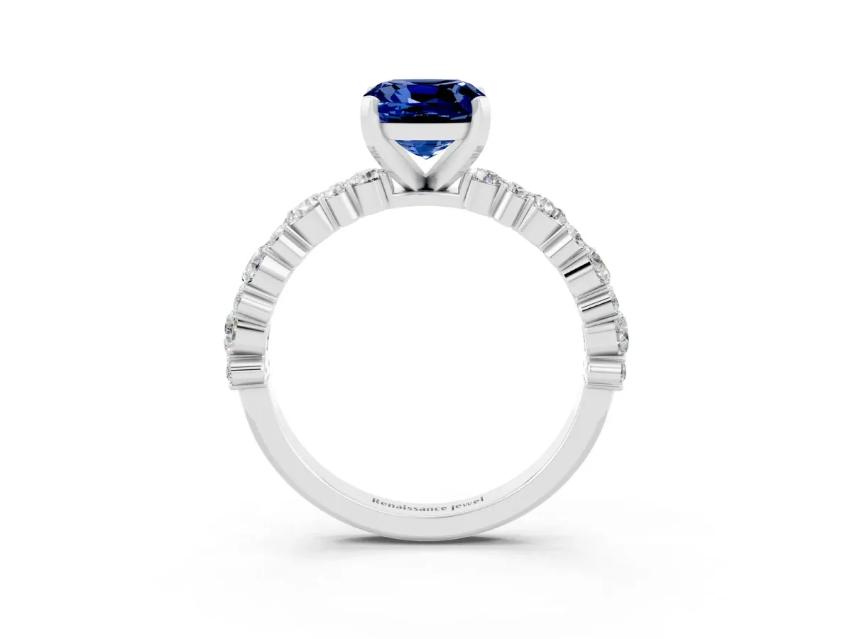Cushion Cut Blue Sapphire Side Stone Solitaire Ring with Round and Four-Prong Setting Silver