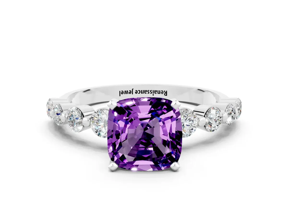 Cushion Cut Solitaire Amethyst Ring with Pave Band and Four-Prong Setting Platinum