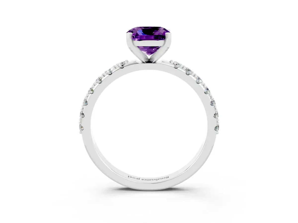 Cushion Cut Amethyst Solitaire Pavé Band with Four-Prong Setting Silver