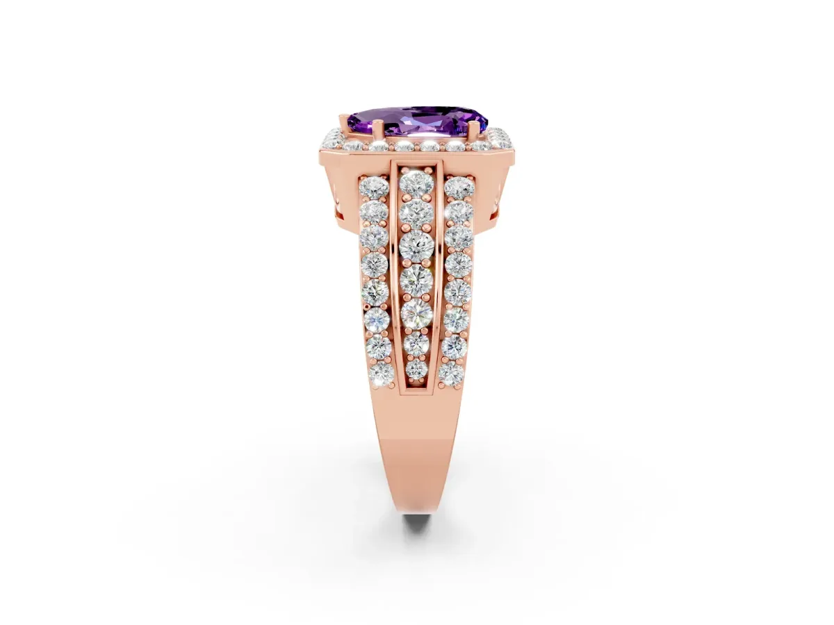 Pear Cut Halo Amethyst Ring with Round Split Shank and Prong Setting Rose gold