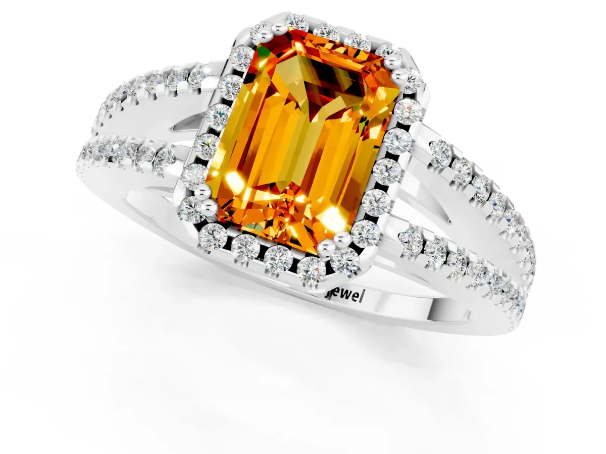 Emerald Cut Citrine Halo Split Shank Engagement Ring Platinum