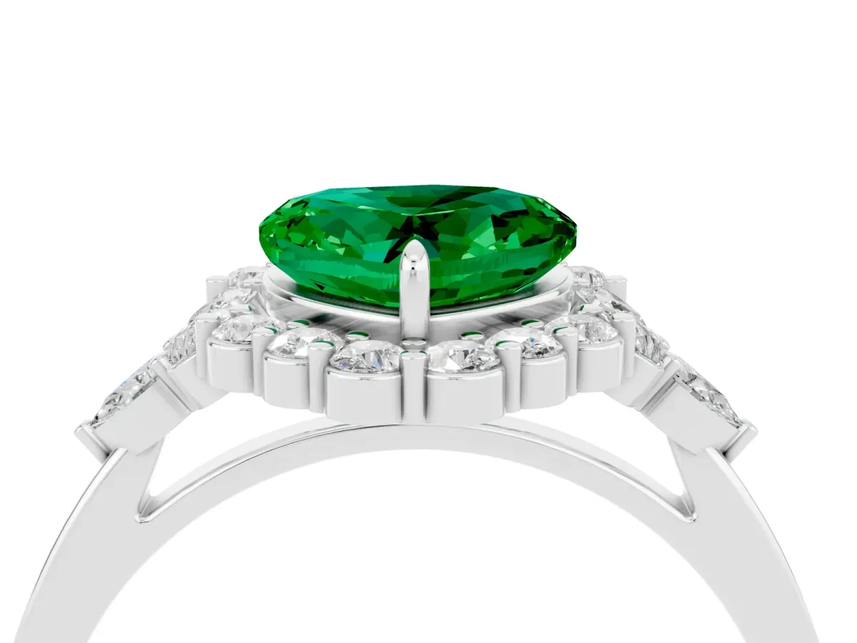 Heart Cut Emerald Halo Ring with Pear Side Stones and Prong Setting Silver