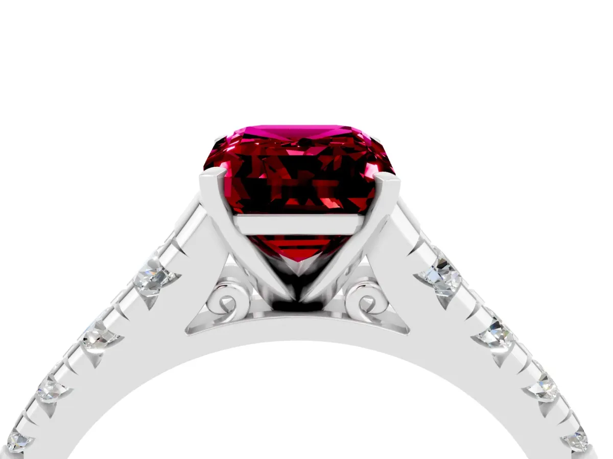 Emerald Cut Garnet Cathedral Solitaire Ring with Round Pavé Band Silver