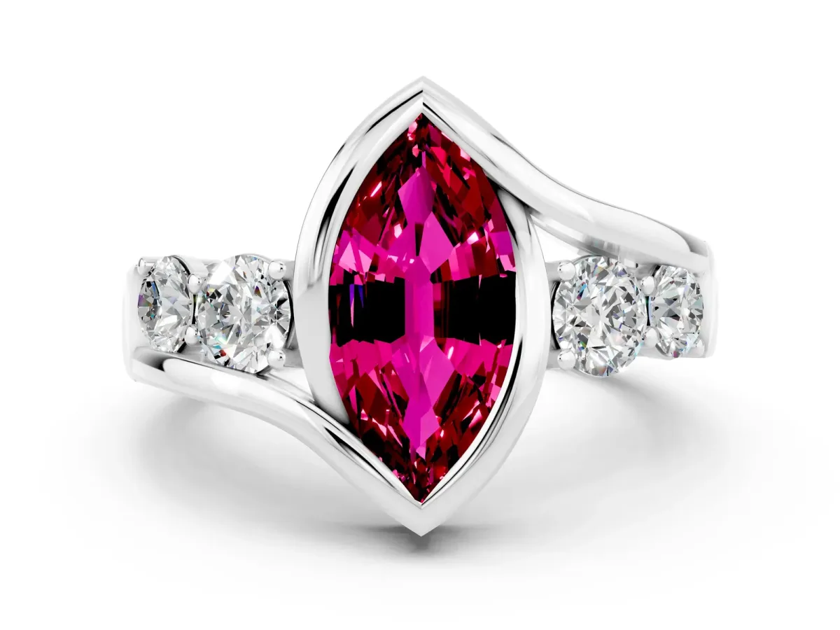 Bezel Set Marquise Cut Garnet Bypass Ring with Round Accents Platinum