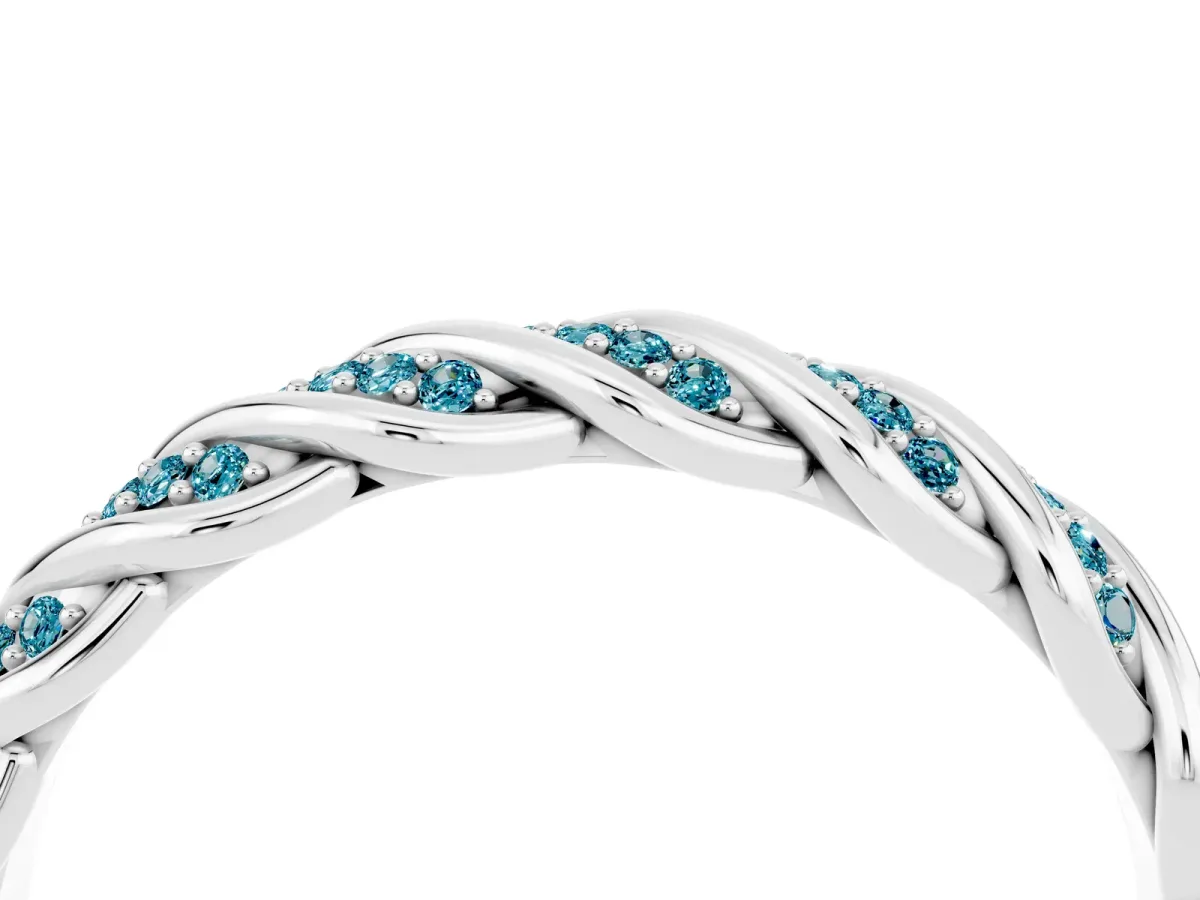 Twisted Pavé Round Blue Topaz Eternity Band with Shared Prong Setting White gold