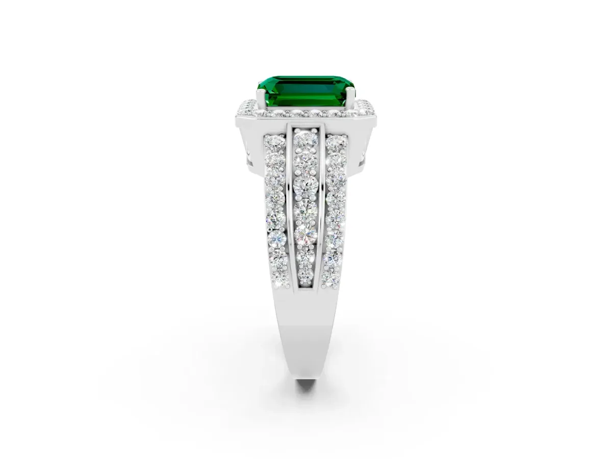 Emerald Cut Halo Emerald Ring with Round Split Shank and Prong Setting White gold