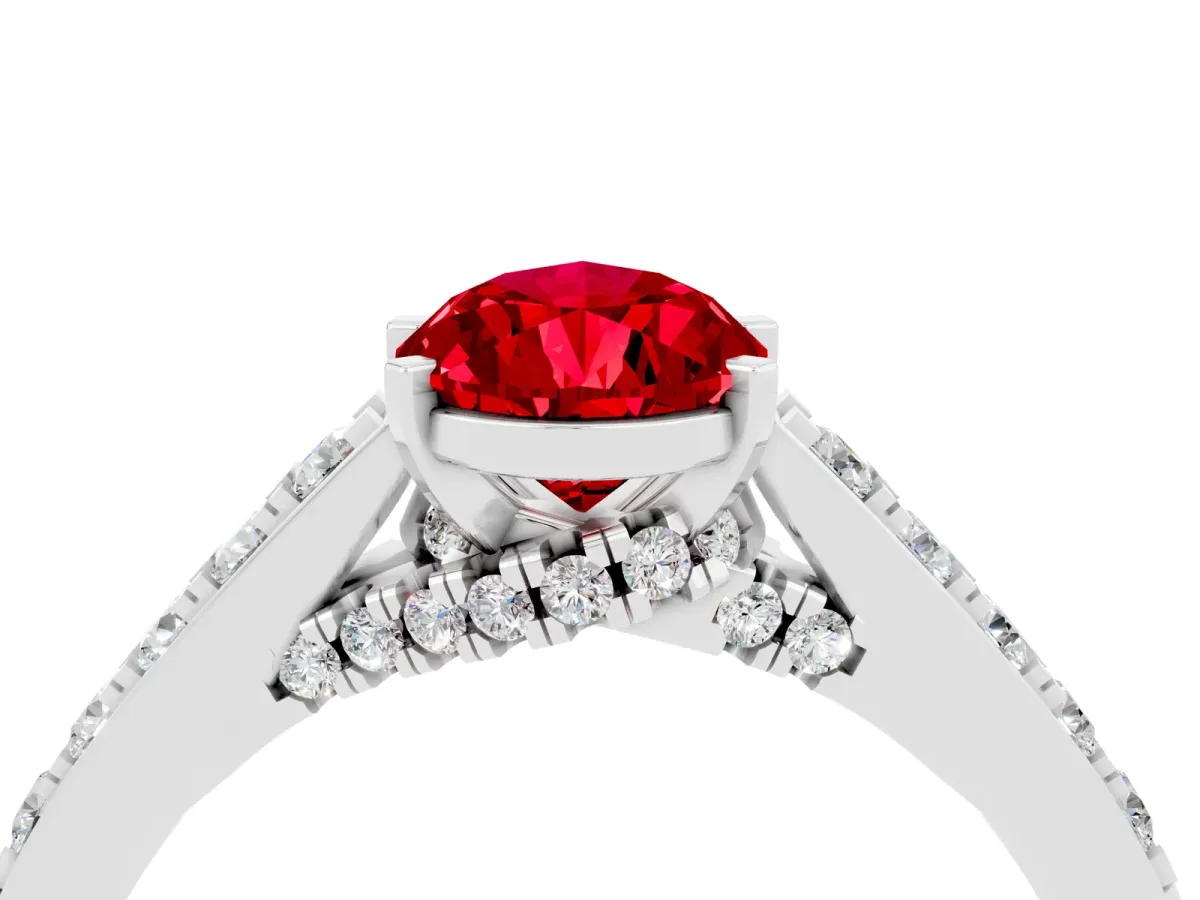 Pear Cut Ruby Solitaire Ring with Crossover Gallery and Round Pavé Band Platinum