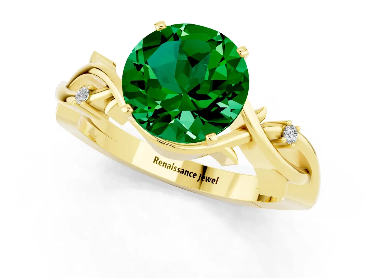 Round Cut Emerald Solitaire Ring with Twisted Band and Prong Setting Yellow gold