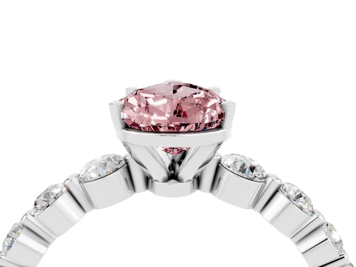 Pear Cut Solitaire Morganite Ring with Pave Band and Four-Prong Setting Platinum