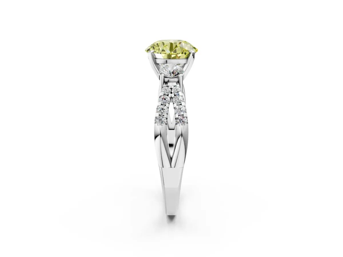 Fancy Yellow Round Cut Diamond Three-Stone Ring with Pavé Split Shank and Four-Prong Setting Silver