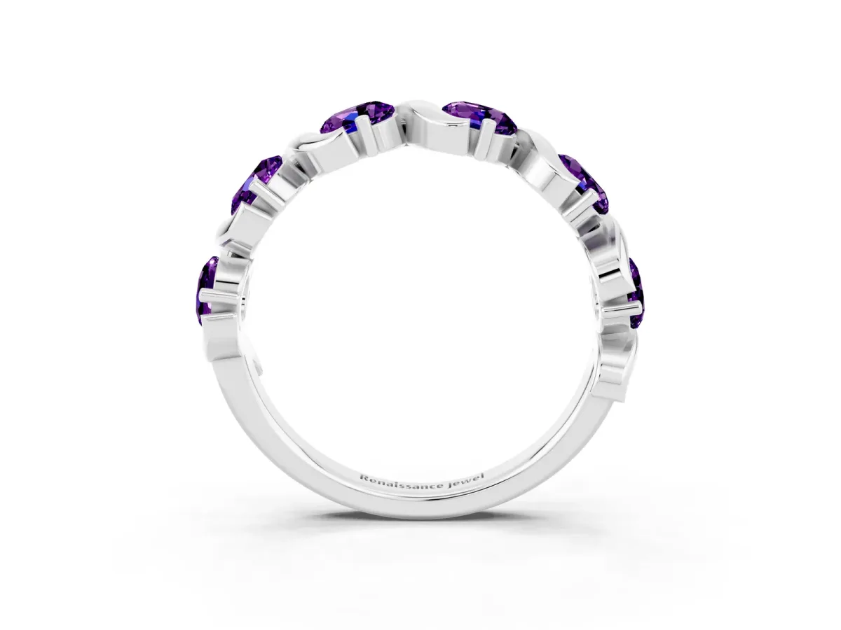 Round Amethyst Half Eternity Band with Wave Prong Setting Silver