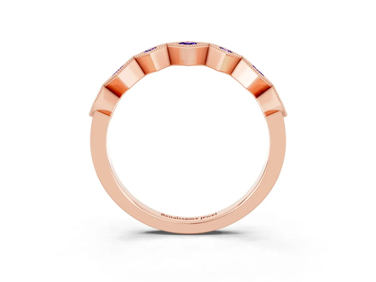 Milgrain Square Bezel Round Tanzanite Chevron Band Rose gold