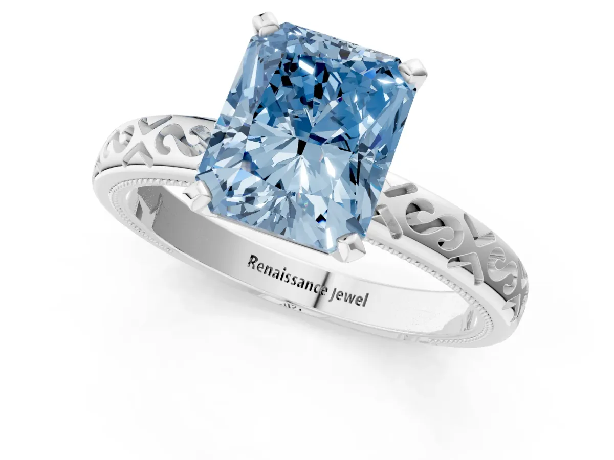 Fancy Blue Radiant Cut Solitaire Engagement Ring with Scrollwork Band and Four-Prong Setting Platinum
