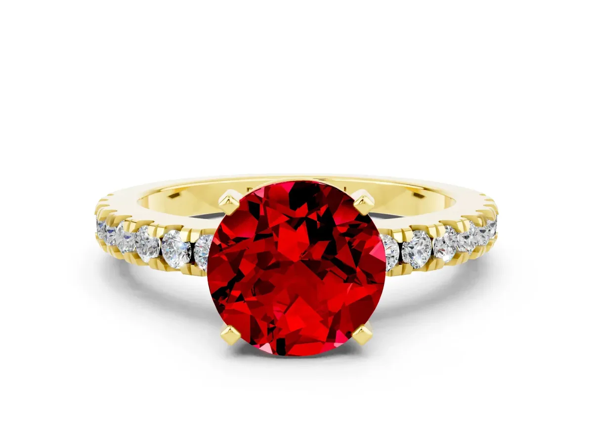 Round Cut Solitaire Ruby with Pavé Band and Four-Prong Setting Yellow gold