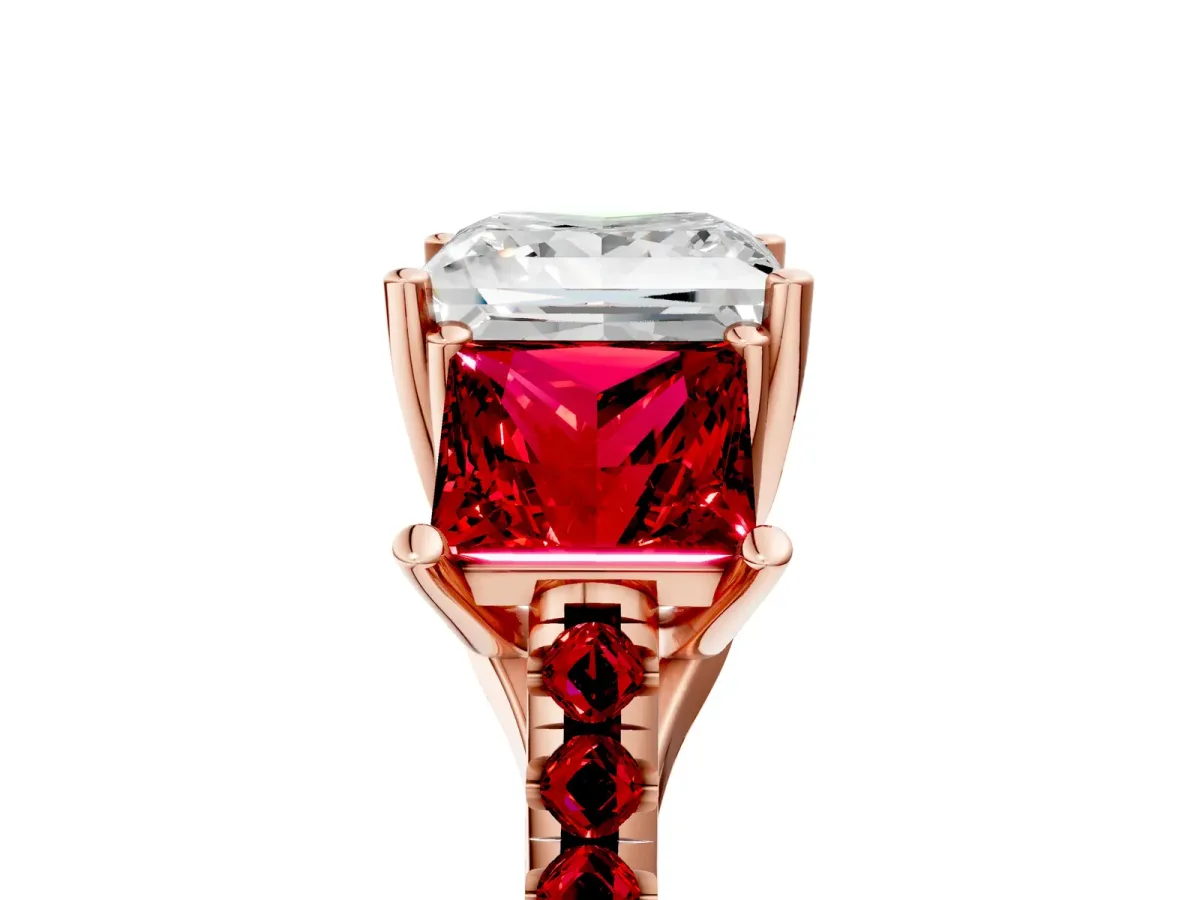 Three-Stone Princess Cut Diamond Ring with Round Ruby Pavé Band and Prong Setting Rose gold
