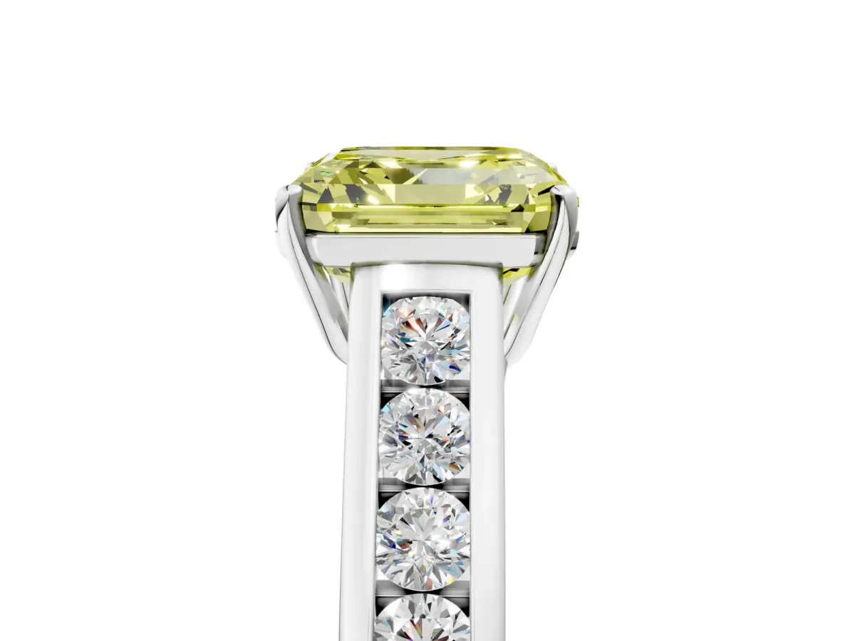 Fancy Yellow Asscher Cut Brilliant Channel-Set Solitaire Ring with Four-Prong Setting Platinum