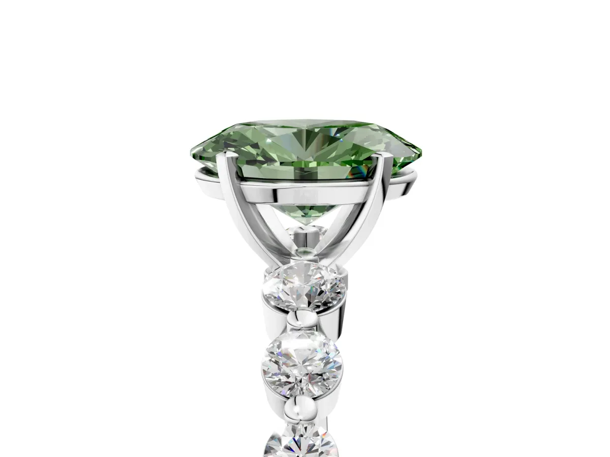Fancy Green Oval Cut Solitaire Diamond Ring with Pave Band and Four-Prong Setting Silver