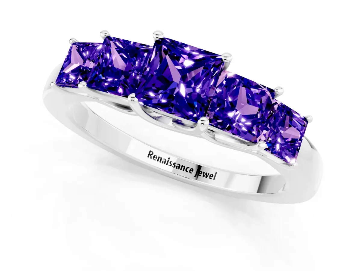 Princess Cut Five-Stone Tanzanite Ring with Classic Prong Setting Silver