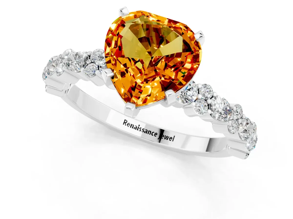 Heart Cut Citrine Side Stone Solitaire Ring with Round and Four-Prong Setting Platinum