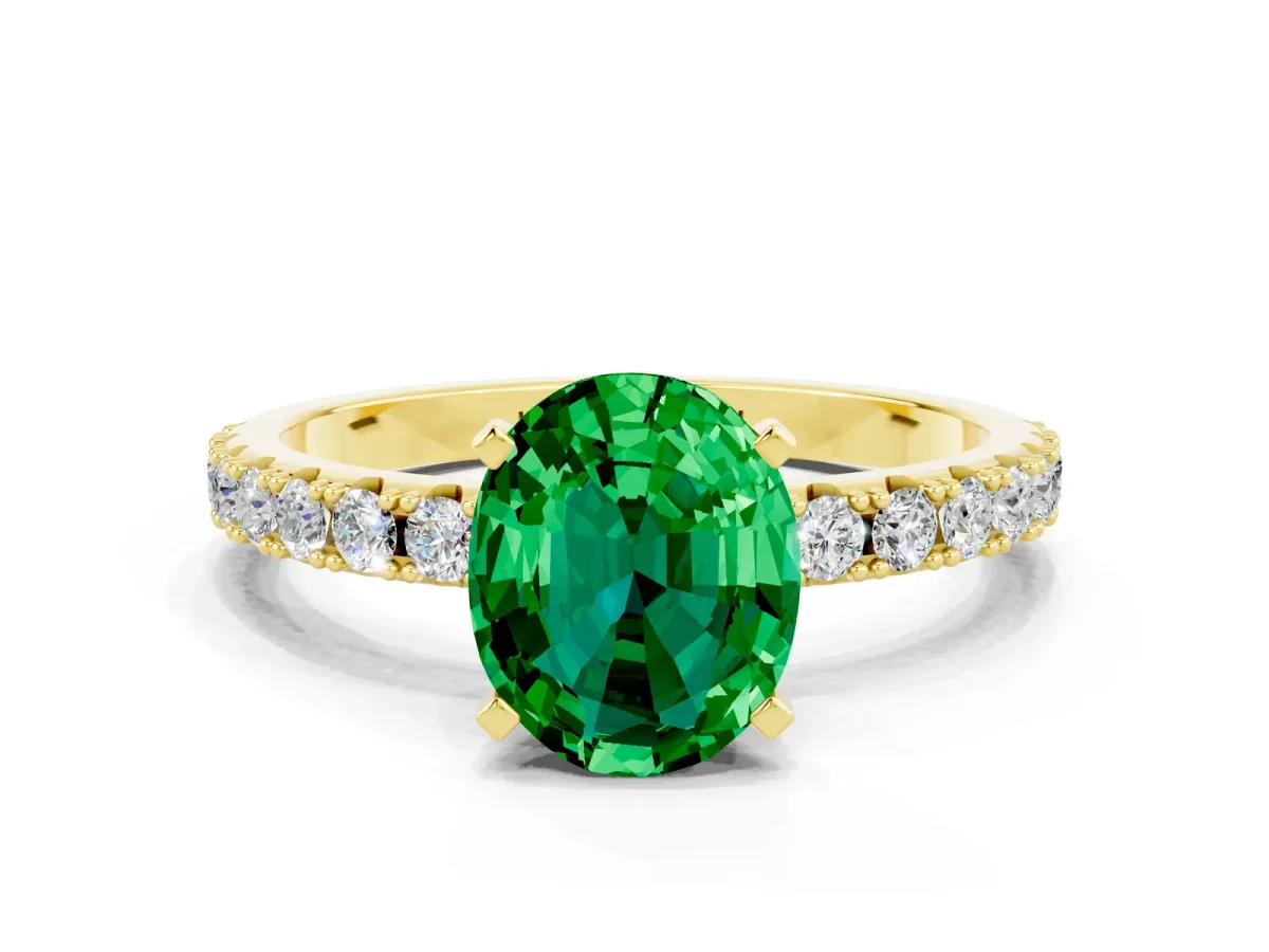 Oval Cut Emerald Solitaire Pavé Band with Four-Prong Setting Yellow gold