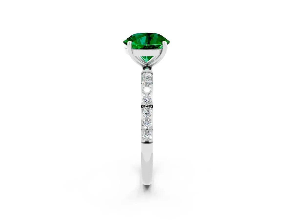Round Cut Emerald Solitaire Ring with Round Pavé Band and Prong Setting Platinum