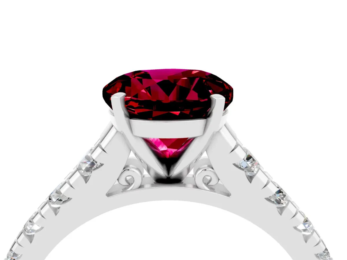 Round Cut Garnet Cathedral Solitaire Ring with Round Pavé Band Platinum