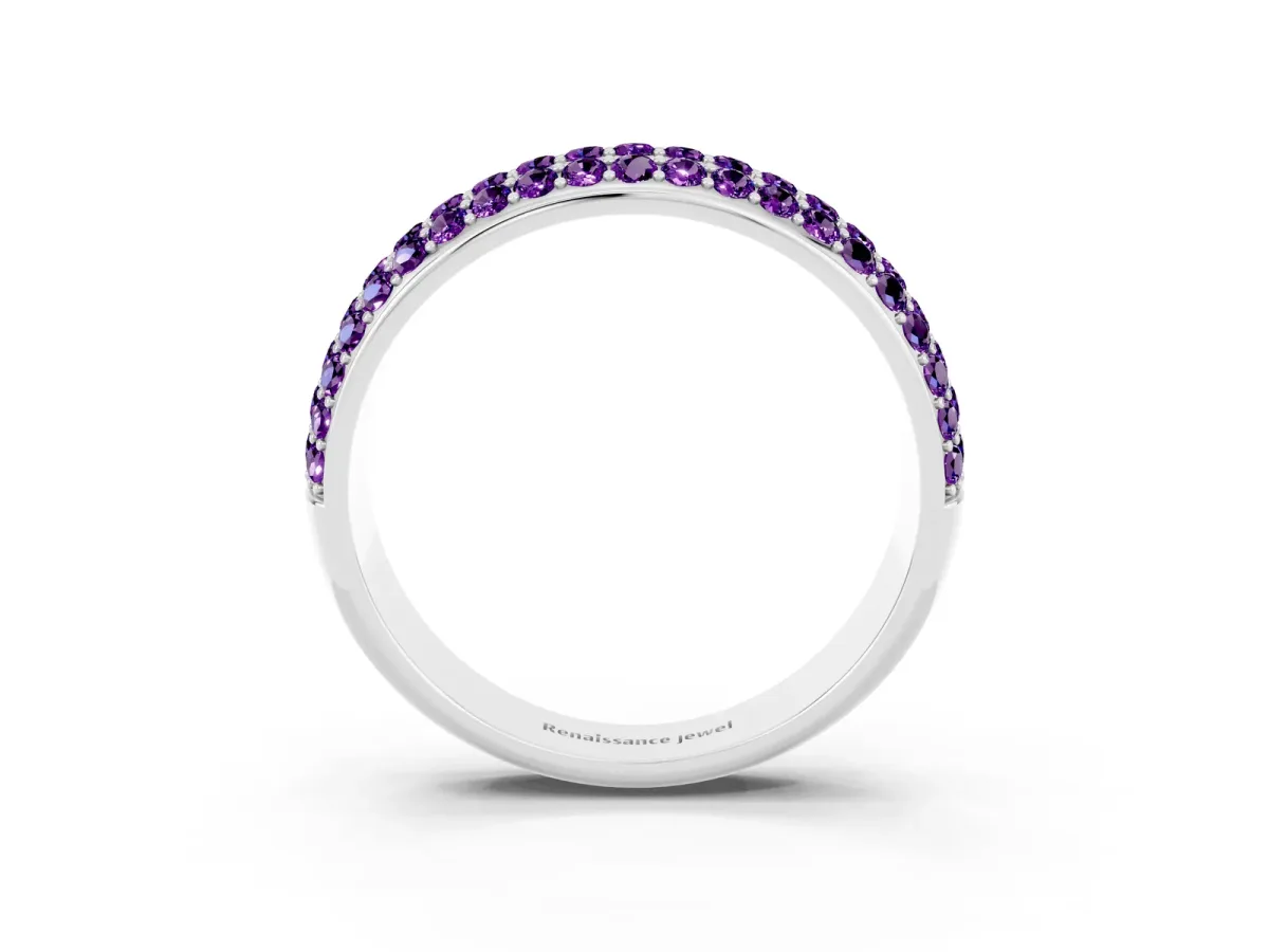 Three-Row Round Amethyst Eternity Band with Shared Prong Setting White gold