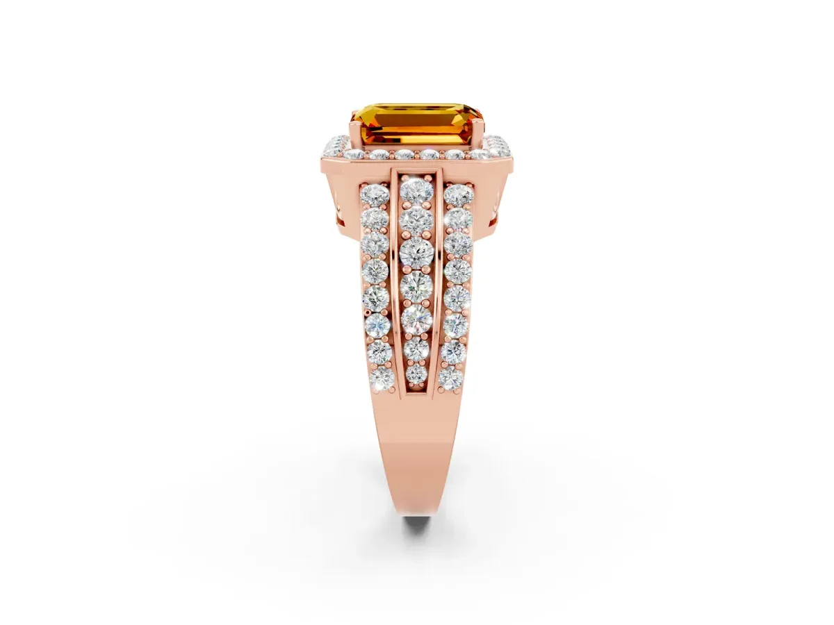 Emerald Cut Halo Citrine Ring with Round Split Shank and Prong Setting Rose gold