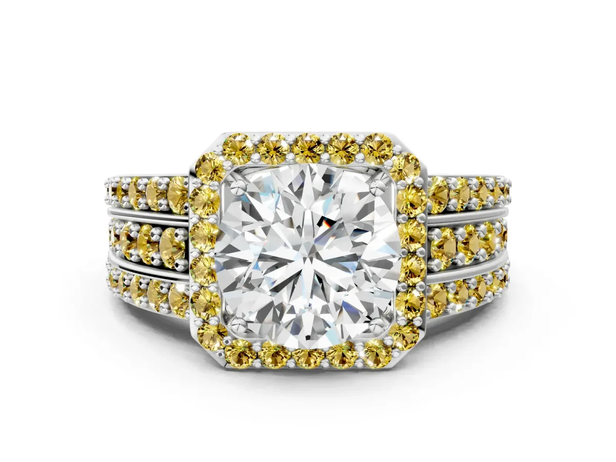 Round Cut Halo Diamond Ring with Round Tanzanite Split Shank and Prong Setting Platinum