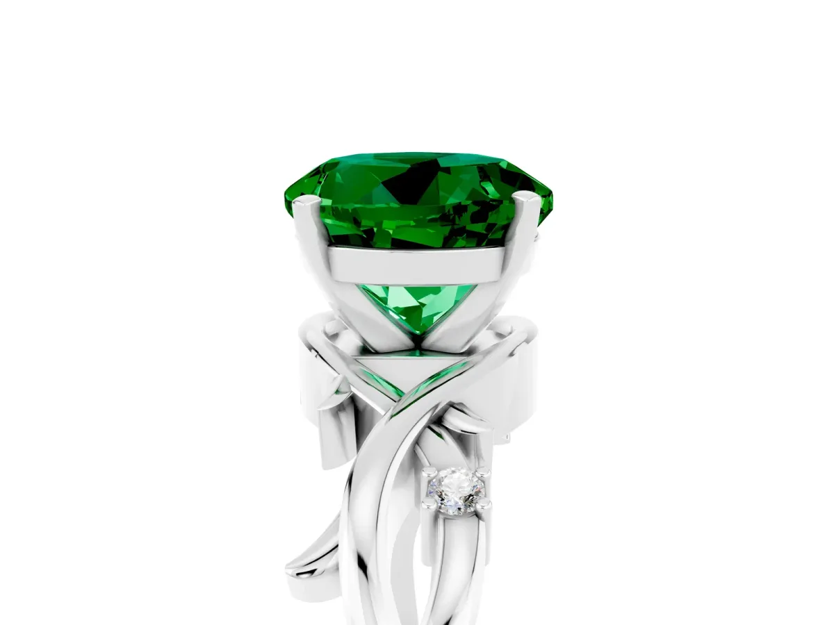 Round Cut Emerald Solitaire Ring with Twisted Band and Prong Setting White gold