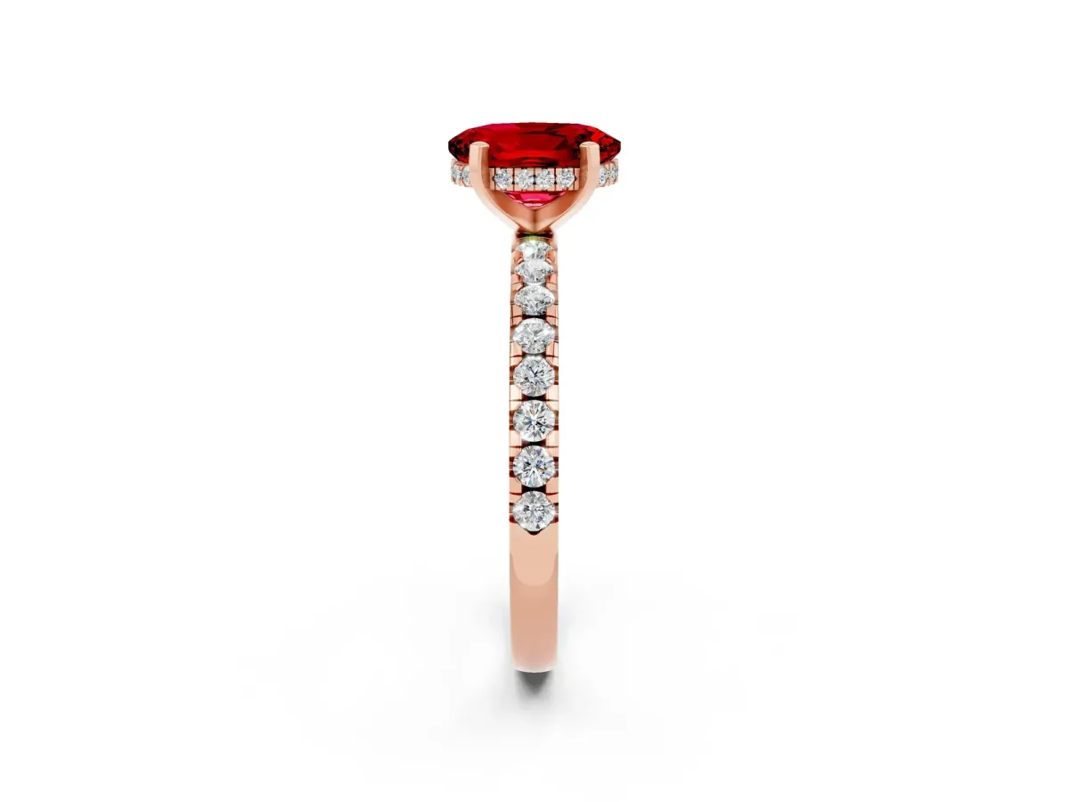 Oval Cut Ruby Solitaire Ring with Round Pavé Band and Four-Prong Setting Rose gold