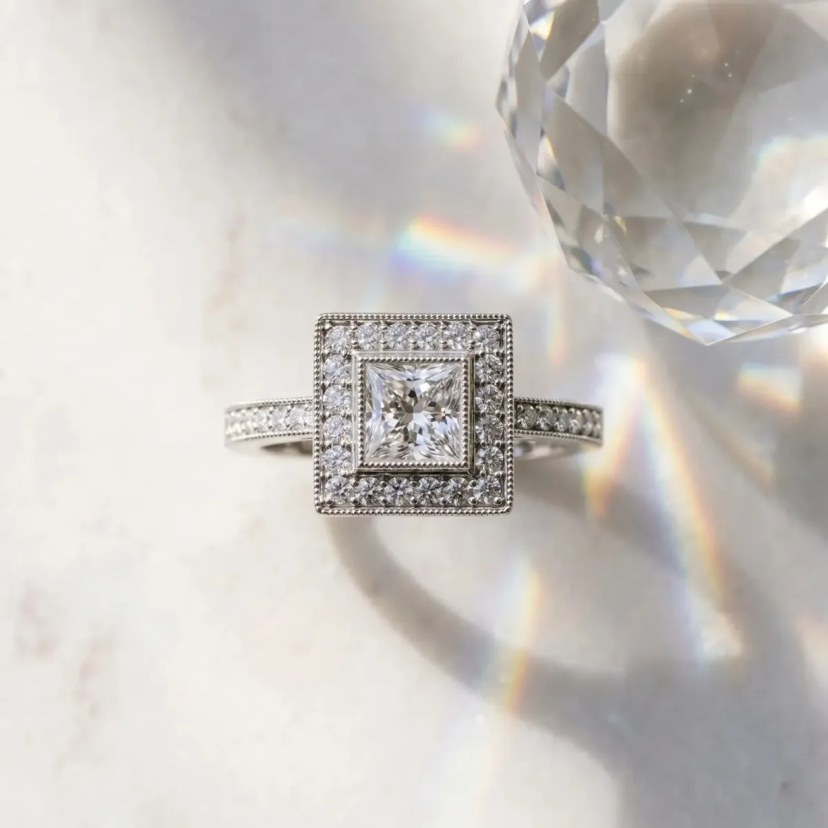 Princess Cut Cut Halo Pavé Diamond Ring Platinum