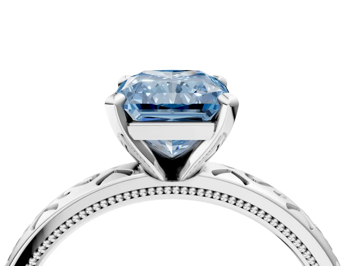 Fancy Blue Radiant Cut Solitaire Engagement Ring with Scrollwork Band and Four-Prong Setting Platinum