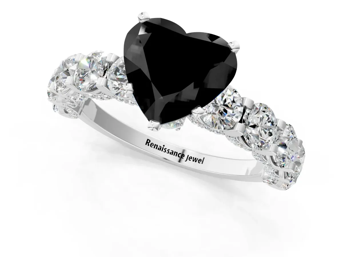 Fancy Black Heart Cut Diamond Side Stone Engagement Ring with Four-Prong Setting White gold