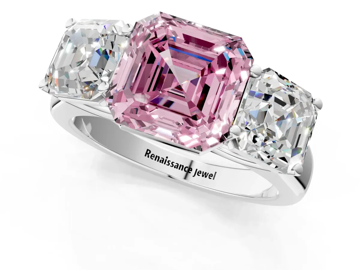 Fancy Pink Asscher Cut Three-Stone Diamond Ring with Prong Setting on a Classic Band Platinum